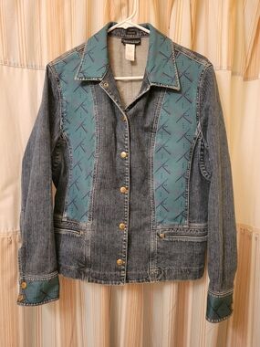 Upcycled Denim Jacket Featuring Iconic PDX (Portland Airport) Carpet Print